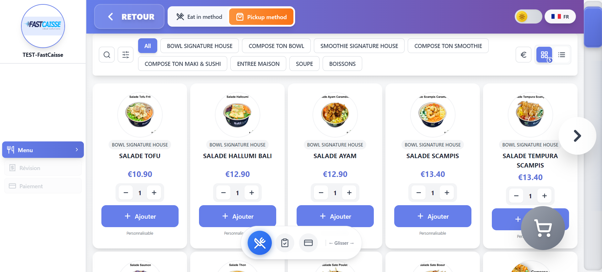 Écran du menu avec les produits